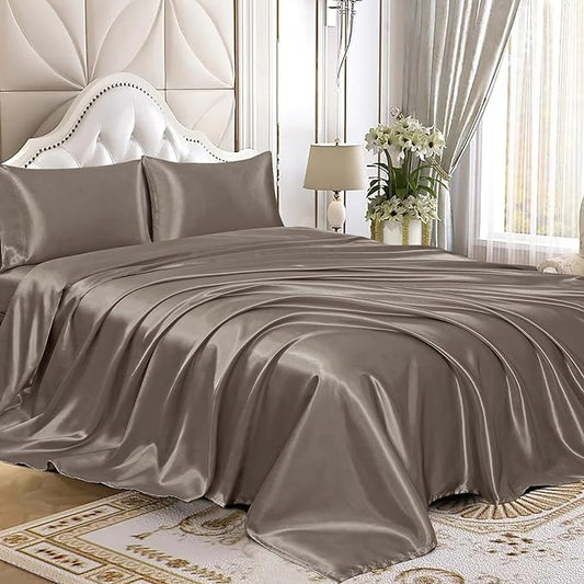 Homiest 4pcs Satin Sheets Set Luxury Silky Satin Bedding Set with Deep Pocket, 1 Fitted Sheet + 1 Flat Sheet + 2 Pillowcases (Full Size, Tinfoil Brown)