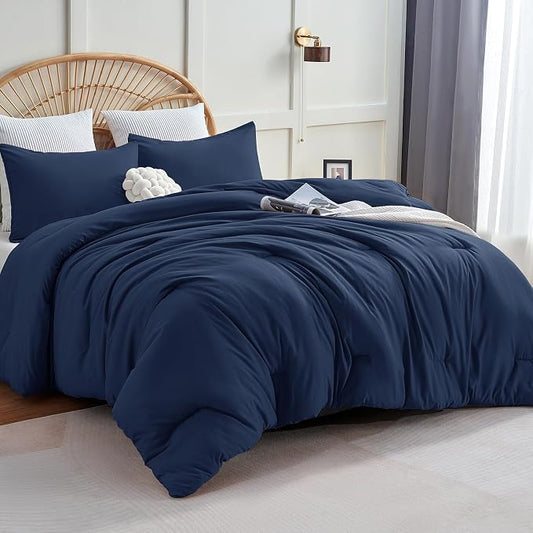 CozyLux Oversized King Comforter Set Navy Blue, 3 Pieces 120x98 Solid Breathable Quilted Bedding Sets for All Seasons, Luxury Soft Lightweight Bed Set with Down Alternative Comforter and 2 Pillowcases