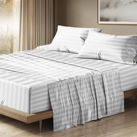 THREAD SPREAD 100% Egyptian Cotton Damask King Size Sheets Set - Luxury 1500 Series Egyptian Cotton Sheets King Size (4 PC, White Stripe), Soft, Sateen, Cooling & Breathable, 17" Deep Pocket Bed Set
