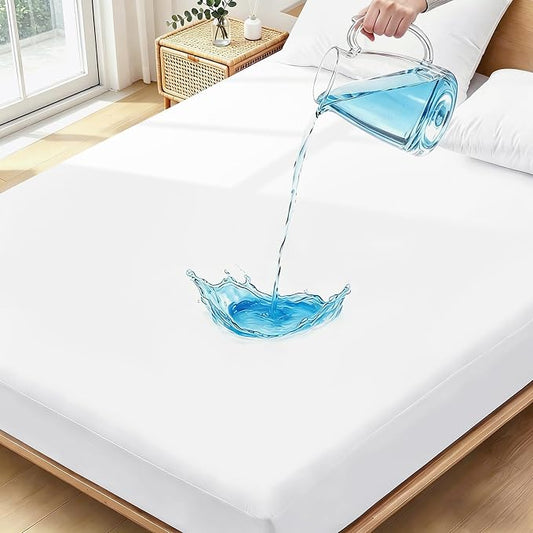 Twin XL Mattress Protector Waterproof- Washable Mattress Cover Twin XL Size Fitted Bed Pad Noiseless Plastic Protection Up to 18” Mattress Protector Soft&Breathable（White）