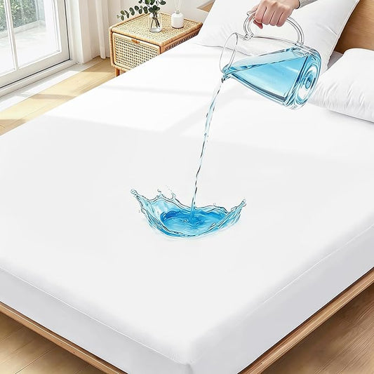 California King Mattress Protector Waterproof- Washable Mattress Cover Fitted Bed Pad Noiseless Plastic Protection Up to 18” Mattress Protector Soft&Breathable（White）