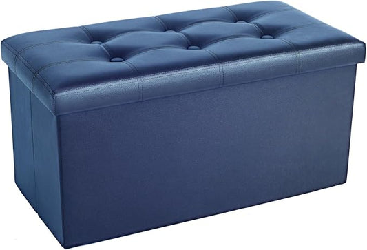 COSYLAND Ottoman Bench with Storage Large - 30x15x15in Folding Leather Ottoman, Rectangle Foot Stool Foldable Storage Chest Footrest Footstool Collapsible with Lid for Bedroom Living Room Navy