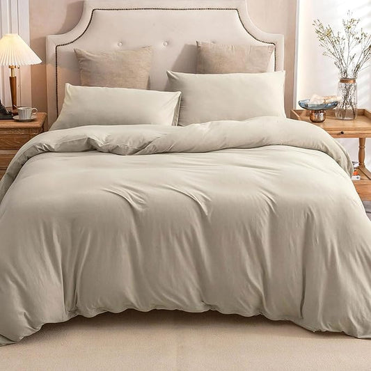 PURE ERA Jersey Knit Duvet Cover Set 100% T-Shirt Cotton Super Soft Comfy 3pc Bedding Set with Zipper Closure (Solid Dark Beige, King)