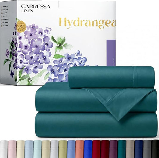 Carressa Linen 100% Egyptian Cotton Twin Sheets Set - 600 Series Hydrangeas Collection Egyptian Cotton Luxury Twin Sheets (3 PC, Teal), 16" Deep Pocket, Soft, Cooling, Sateen Weave Bedding