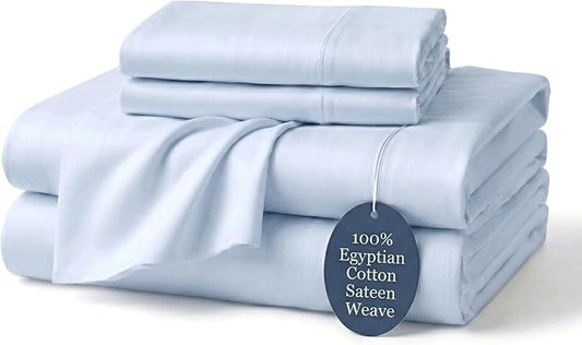 100% Egyptian Cotton Sheets King Light Blue - Luxury Hotel Collection King Size Sheet Set, Cooling & Breathable Sateen Weave, Anti Pilling Extra Long Staple Cotton, 16" Deep Pocket - 4Pc