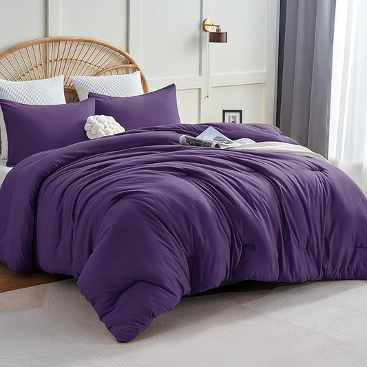 CozyLux Oversized King Comforter Set Purple, 3 Pieces 120x98 Solid Breathable Quilted Bedding Sets for All Seasons, Luxury Soft Lightweight Bed Set with Down Alternative Comforter and 2 Pillowcases