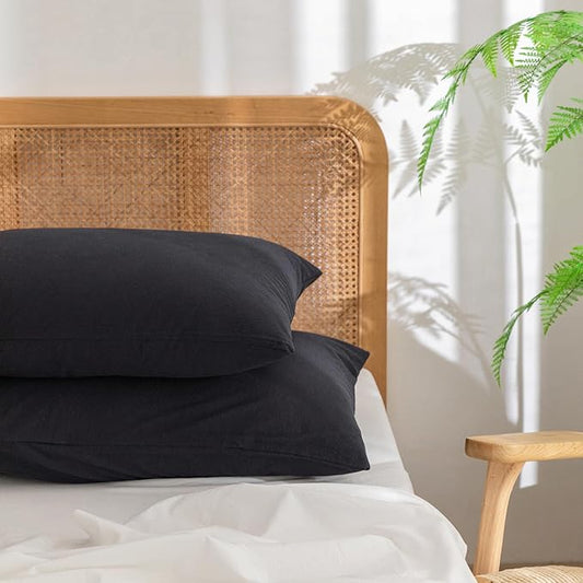 BESTOUCH 100% Washed Cotton Pillowcase for Hair and Skin Linen Feel Soft Comfortable Breathable 2 Set Pillow Case with Envelope Closure Solid Dark Black Queen 20x30 Inches