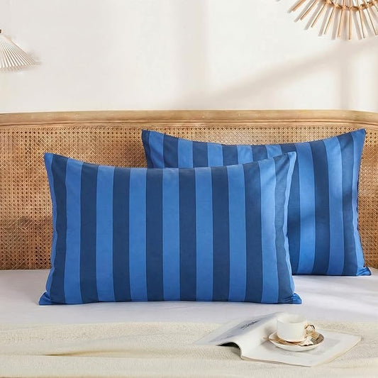 Merryword Queen Size Pillowcases, 100% Cotton Pillow Cases, Blue and Navy Striped Pillowcases, Soft Breathable Wide Stripes Pillow Covers, Set of 2
