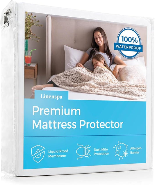 Linenspa Waterproof Mattress Protector, California King Size – Fitted Sheet Style, Breathable, Machine Washable & Dryer Safe, White