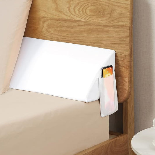 Vekkia Full Bed Wedge Pillow for Headboard – High-Density Foam Fills Gaps (0-5.5") Between Mattress and Headboard, Wedge Pillow with Pockets for Phone & Remotes, Washable Cover – (White)