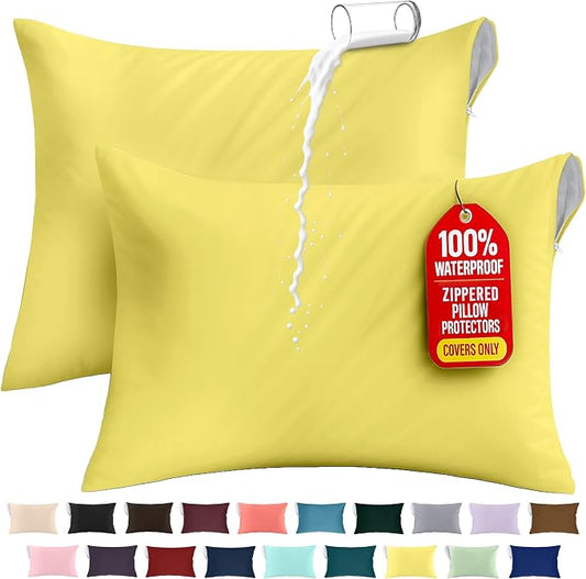 Utopia Bedding Premium 100% Waterproof Pillow Protectors with Zipper Queen Size (Set of 2), Bed Bug and Dust Mite Proof Zippered Pillow Covers, Pillow Encasement Cases, Yellow