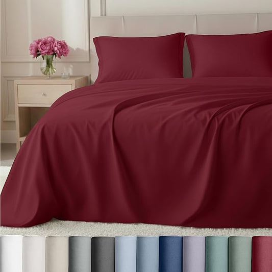 California Design Den Natural 100% Cotton Sheets King Size Deep Pocket Set - Luxury Hotel 800 Thread Count Sateen, King Size Sheets Set, Snug Fit and Durable Bedding - Red Wine