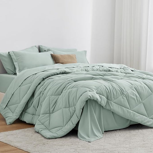 Love's cabin Queen Comforter Set Aqua, 7 Pieces Queen Bed in a Bag, All Season Bedding Sets with 1 Comforter, 1 Flat Sheet, 1 Fitted Sheet, 2 Pillowcase and 2 Pillow Sham | Soft, Breathable, Lightweight, Comfortable