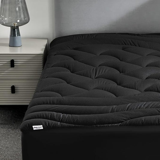 SLEEP ZONE Full Size Cooling Mattress Topper for Double Bed, Premium Zoned Cool Mattress Pad Cover, Padded Mattress Protector Breathable Washable, Deep Pocket 8-21" (Black, Full)
