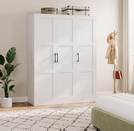 PeakPursuit Wooden Wardr.obe Closet Arm.oire, Freestanding Ward.Robe with 3 Doors for Hanging Clothes, Bedroom Large Capacity Freestanding Arm.oire