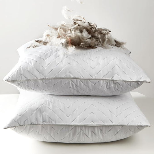 Bafode Goose Feathers Throw Pillow Inserts Set of 2, 26x26 Luxurious Corrugated Quilting Euro Decorative Pillows Insert with Exquisite Silver-Grey Satin Edging, Perfect for Couch, Bed, Sofa