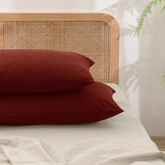 BESTOUCH 100% Washed Cotton Pillowcase for Hair and Skin Linen Feel Soft Comfortable Breathable 2 Set Pillow Case with Envelope Closure Solid Fired Brick Red King 20x36 Inches