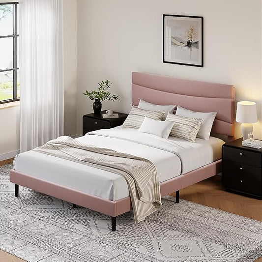 GarveeHome Queen Modern Upholstered Bed Frame with Soft Padded Headboard,Sturdy Metal Steel Slat Support, Noise-Free Quiet Design,Easy Assembly,Heavy Duty Stable Bed Frame(Pink)