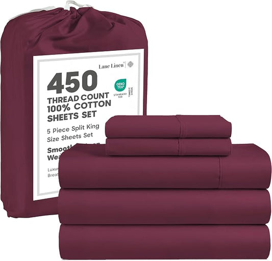 LANE LINEN Split King Sheet Sets for Adjustable Beds - 5 PCs, 450 Thread Count Split King Sheets Set - Sateen Weave King Split Sheets - Split Top King Sheets Set for Adjustable Bed - Windsor Wine