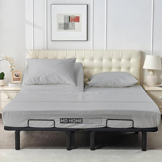 4 PC Split Head Flex Sheet Set, 39" Top Split King Sheets for Adjustable Beds, 100% Egyptian Cotton, 16 Inch Deep Pocket, Soft Durable Breathable Sheets, Light Grey Solid, Ideal for Adjustable Beds
