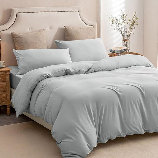 PURE ERA Jersey Knit Duvet Cover Set 100% T-Shirt Cotton Super Soft Comfy 3pc Bedding Set with Zipper Closure (Solid Light Grey, King, 104'' x 90'')