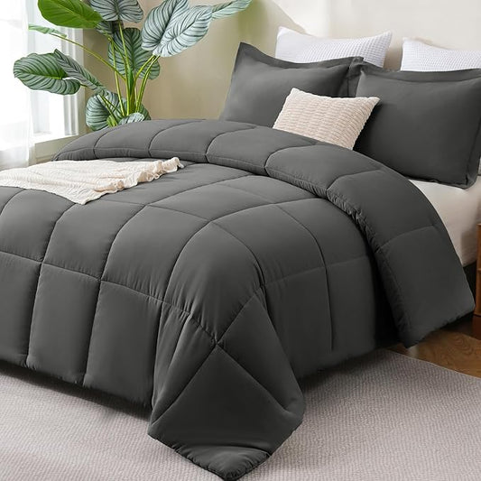 CozyLux Oversized Queen Comforter Set, 270GSM Dark Grey Bedding Sets for All Seasons, 3 Pieces 98x98 Bed Set with 1 Down Alternative Comforter and 2 Pillow Shams, Soft, Lightweight, Breathable
