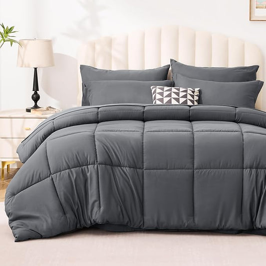 Love's cabin Queen Comforter Set Soot Grey, 7 Pieces Queen Bed in a Bag, All Season Bedding Sets with 1 Comforter, 1 Flat Sheet, 1 Fitted Sheet, 2 Pillowcase and 2 Pillow Sham | Soft, Breathable, Lightweight, Comfortable