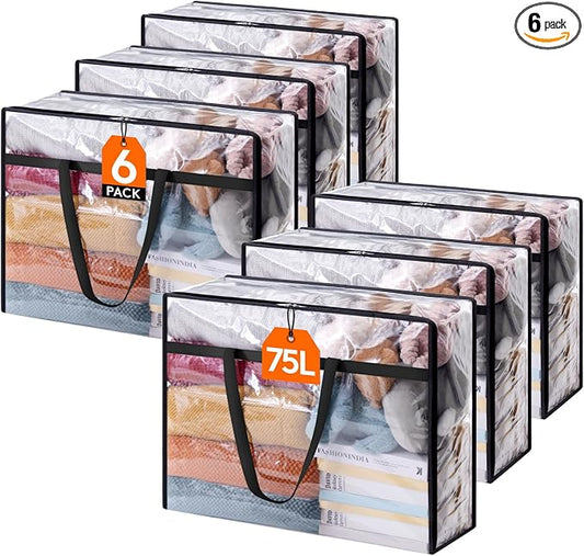 Lifewit 6 Pack Clear Clothes Storage Bags, 75L Plastic Blanket Storage Bag, Vinyl Foldable Moving Bags with Zipper, Closet Organizers and Storage Containers for Bedding, Duvet, Comforter