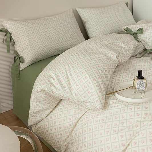 mixinni Red Floral Duvet Cover Set Twin Size - 100% Cotton Green Grid Bedding with Bow Ties, 3PC Cottagecore Comforter Cover (1 Duvet Cover + 2 Pillowcases) Vintage Garden Style Soft Aesthetic