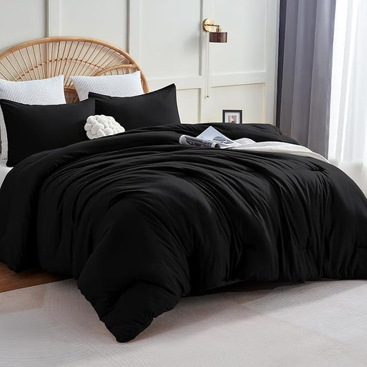 CozyLux Oversized Queen Comforter Set Black, 3 Pieces 98x98 Solid Breathable Quilted Bedding Sets for All Season, Luxury Soft Lightweight Bed Set with Down Alternative Comforter and 2 Pillowcases