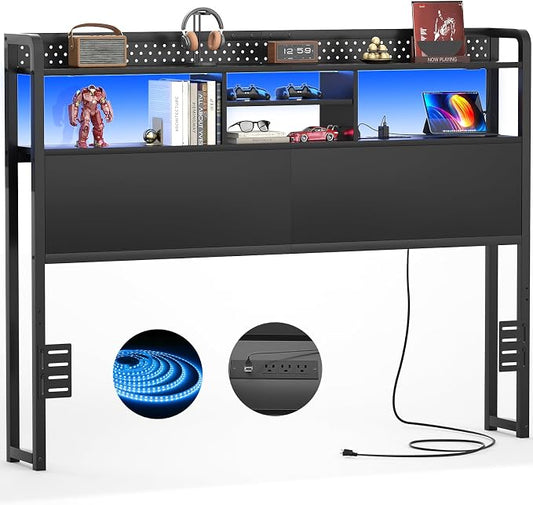 Unikito Headboard for Queen Size Bed with Storage Shelf, Head Board with 3 Outlets and 2 USB Ports, Headboards with RGB LED Light, Height Adjustable, Sturdy and Stable, Easy Assembly, Black