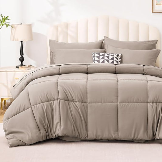 Love's cabin California King Comforter Set Light Brown, 7 Pieces California King Bed in a Bag, All Season Bedding Sets with 1 Comforter, 1 Flat Sheet, 1 Fitted Sheet, 2 Pillowcase and 2 Pillow Sham | Soft, Breathable, Lightweight, Comfortable