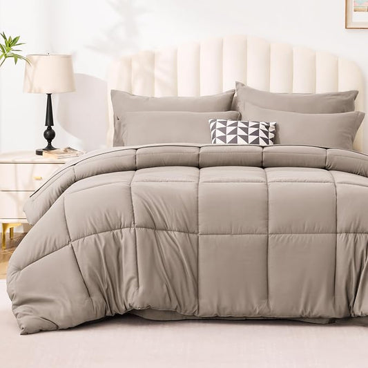 Love's cabin King Size Comforter Set Light Brown, 7 Pieces King Bed in a Bag, All Season Bedding Sets with 1 Comforter, 1 Flat Sheet, 1 Fitted Sheet, 2 Pillowcase and 2 Pillow Sham | Soft, Breathable, Lightweight, Comfortable