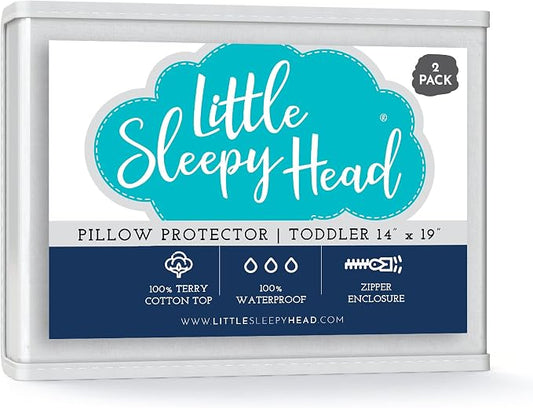 Little Sleepy Head Toddler Waterproof Pillow Protector (2-Pack), Zippered Pillowcase Covers 13x18 and 14x19 Soft Terry Cotton, Hypoallergenic, Noiseless, Waterproof Pillow Protectors for Kids