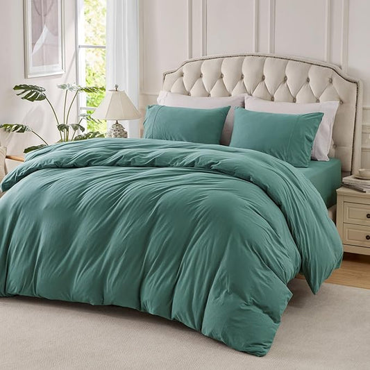 PURE ERA Jersey Knit Duvet Cover Set 100% T-Shirt Cotton Super Soft Comfy 3pc Bedding Set with Zipper Closure (Solid Teal Green, Cal King)