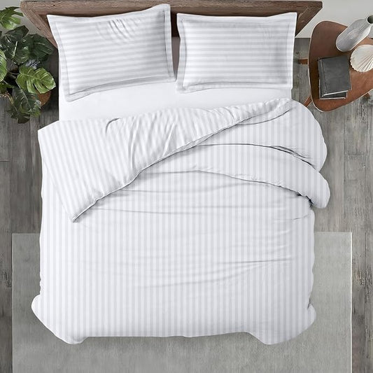 Kotton Culture 3 Pc King Size Duvet Cover Set- 100% Egyptian Cotton 600 Thread Count Ultra Soft Premium Durable Comforter Cover Zipper Closure & Corner Ties (Striped White, King 104"x94")