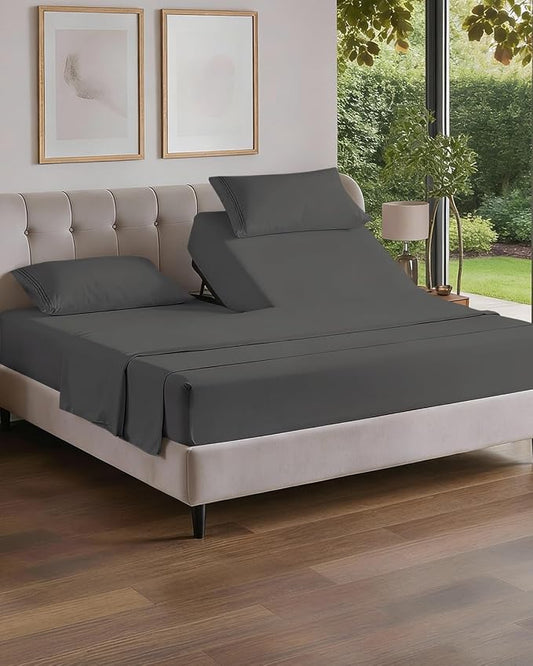 Flex Top Split Head King 4 Piece Sheet Set - Soft, Breathable & Cooling Bed Sheets Set - Hotel Luxury Bedding for Women & Men with Deep Pockets - Wrinkle Free & Fade Resistant - Oeko-Tex - Charcoal