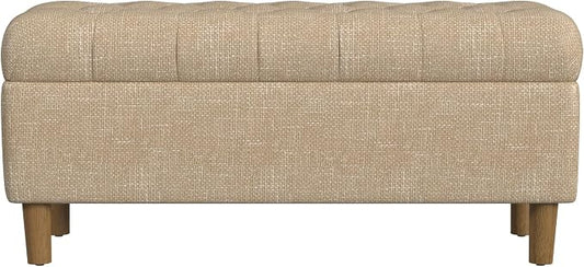Homepop Home Decor | Tufted Ainsley Button Storage Ottoman Bench with Hinged Lid | Ottoman Bench with Storage for Living Room & Bedroom, Oatmeal Textured Fabric