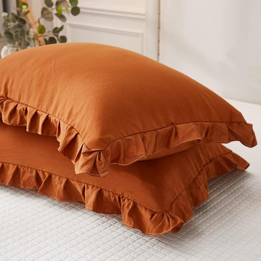 Burnt Orange Pillowcases Cute Pillow Cover Rust Ruffle Queen Set of 2 Shabby Chic Caramel Pillowcases 2 Pack (Queen (20''x30''), Caramel)