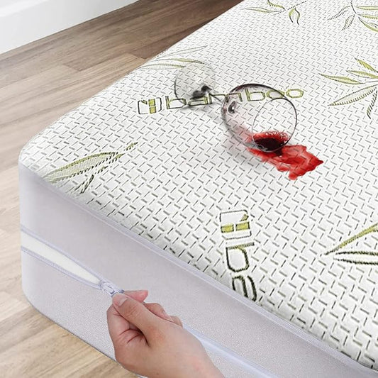 Bamboo Mattress Protector with Zipper - 100% Waterproof Queen Size Cooling Mattress Cover - Ultra Soft Jacquard Fabric Breathable Noiseless Mattress Pad Covers - Zippered Mattress Encasement