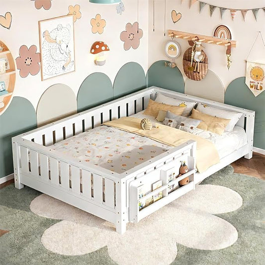 Bellemave Queen Floor Bed Frame with Fence & Bookshelf, Solid Pinewood Montessori Floor Bed Frame Queen with Slats Load 550LBS, Low Floor Bed for Kids, Bedroom, Nursery, Easy Assembly, White