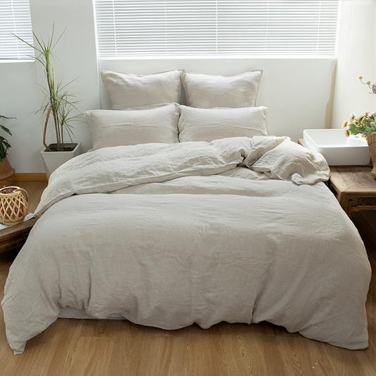 Simple&Opulence 100% Linen Duvet Cover Set 3pcs Basic Style Natural French Washed Flax Solid Color Soft Breathable Farmhouse Bedding with Button Closure - Linen, California King