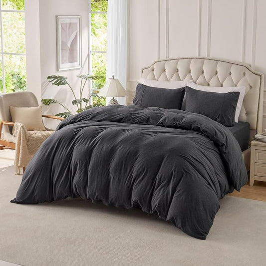PURE ERA Jersey Knit Duvet Cover Set 100% T-Shirt Cotton Super Soft Comfy 2pc Bedding Set with Zipper Closure (Heather Charcoal Grey, Twin)