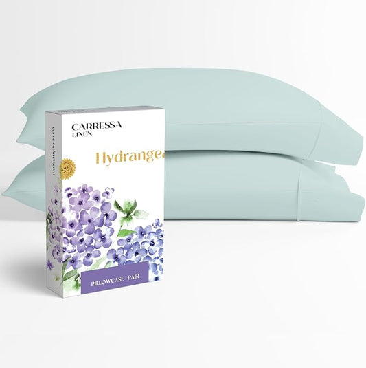 Carressa Linen 100% Egyptian Cotton Pillow Cases Queen Size Set of 2 - Luxury 600 Series Hydrangeas Collection Queen Size Pillowcases (Sea Foam), Cooling Sateen Weave Hotel Quality Bed Pillow Cover