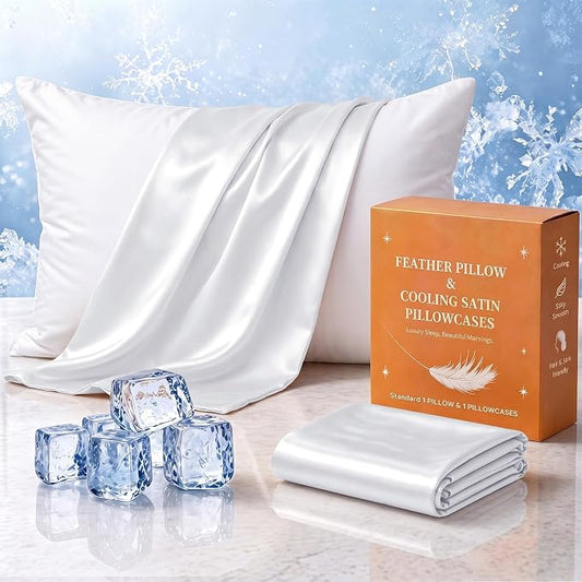 BHZ White Satin Goose Down Feather Pillows Standard Size with Pillowcase for Hair and Skin, Cooling Pillow Cases Similar to Silk Pillow Cases, Decorative for Women, Mom Men