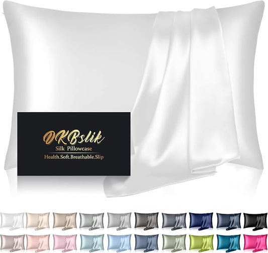 Silk Pillowcase for Hair and Skin, Mulberry Silk Pillow Cases Queen Size, Anti Acne Cooling Beauty Sleep Both Sides Natural Silk Satin Pillowcases with Hidden Zipper, Gifts for Women Men, White