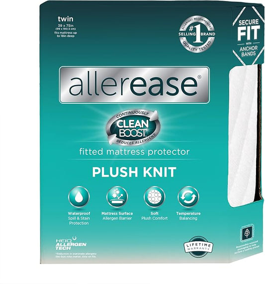 AllerEase CleanBoost Plush Knit Mattress Protector Waterproof Particle Barrier Temperature Balancing Soft Plush Comfort Machine Washable Fitted Cover with Elastic Anchor Bands Mattress Cover, Twin