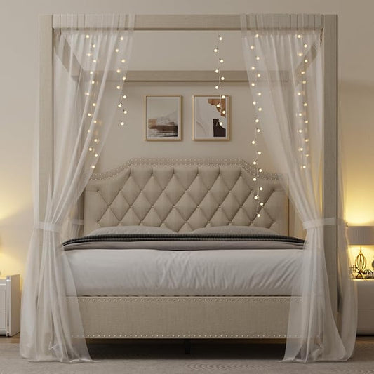 GarveeHome Upholstered Canopy Bed Frame Queen Size with headboard, Button Tufted, Nailhead Trim Design, No Box Spring Required, Beige(Shipped in 2 Boxes)