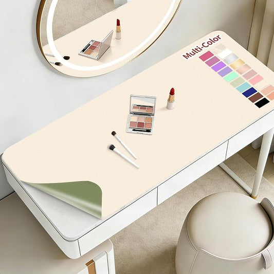 Makeup Mat for Vanity to Protect Desk Top 31.5 x 15.7 in, Dual-Sided Makeup Mat, Easy to Clean Desk Pad - Waterproof and Oilproof Vanity Accessories (Beige and Olive Green)