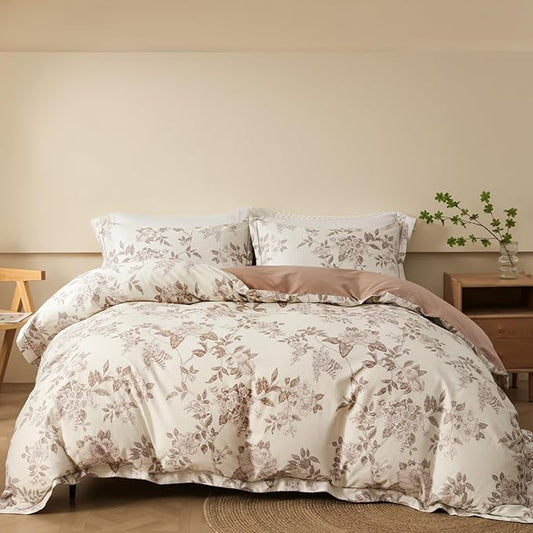 Duvet Cover Set King Size Floral Pattern 600 Thread Count Ultra Soft 100% Long Staple Cotton Duvet Cover Sets 3-PC, Breathable Duvet Cover with Zipper Closure & Corner Ties